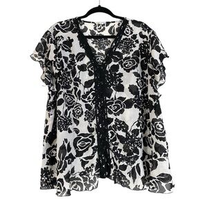 Dressbarn Womens Plus Size 2X Button Down Flutter Short Sleeve Floral Blouse Top